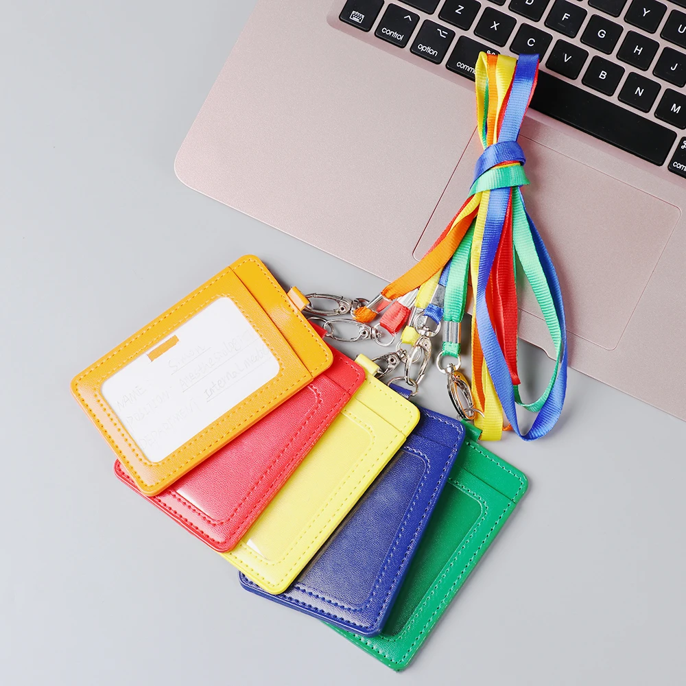 

Luxury PU Leather material double card sleeve ID Badge Case with Hang rope Clear Bank Credit Card Badge Holder Accessories