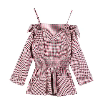 

Women's Long Sleeves Spring Bailiao Shoulder-exposed Blouse Showing Thin Waist-beating Bottom Plaid Shirt