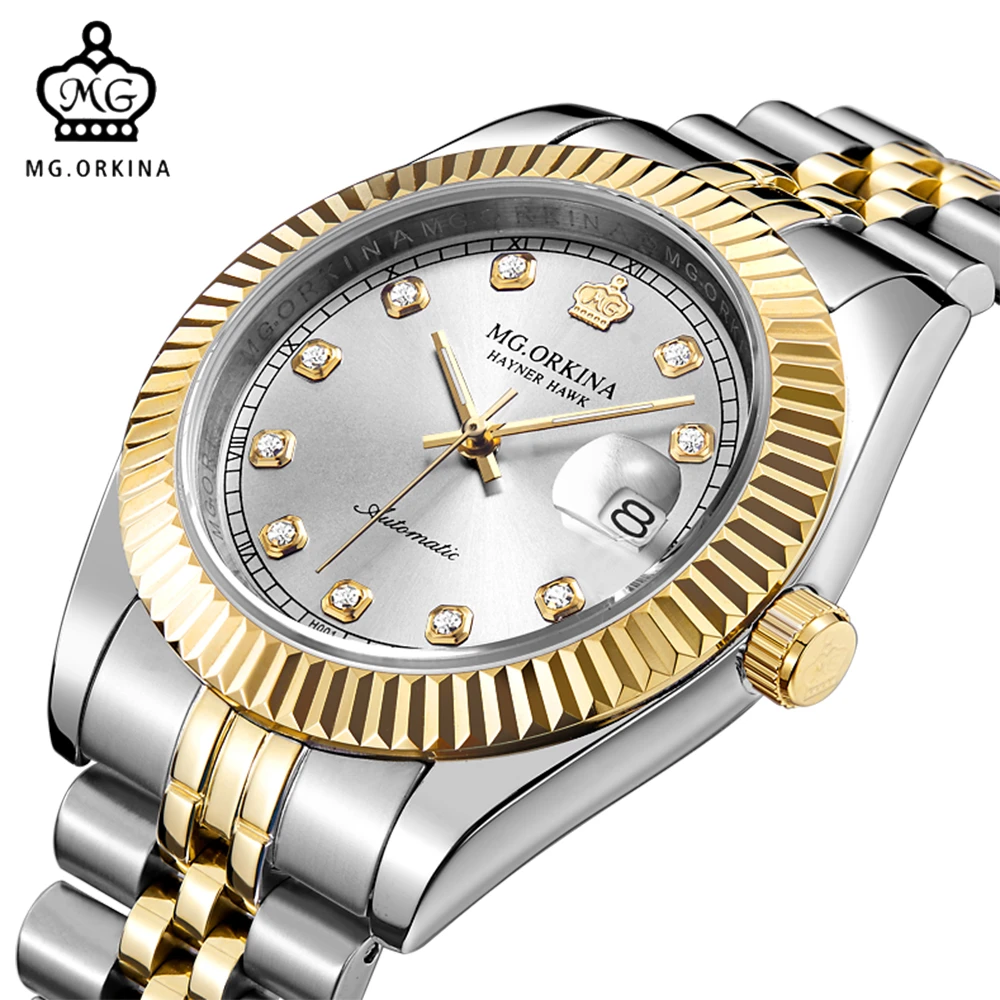 

Men Top Luxury Brand MG ORKINA Stainless Steel Band Calendar Japan Movt Auto Mechanical Wristwatches Male Dress Watches