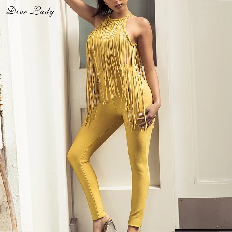 yellow fringe jumpsuit