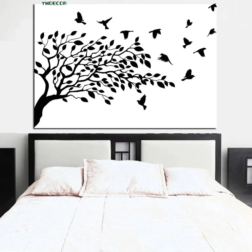 YWDECOR HD Print White and Black The Tree of life Bird On Branches Abstract Painting on Canvas Wall Art Picture for Living Room