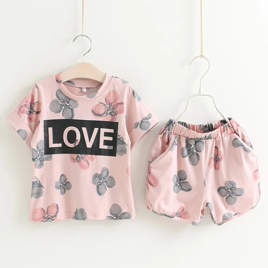 

TELOTUNY girls clothes toddler kids baby girls outfits clothes letter flower print t-shirt+shorts set kids clothes #40