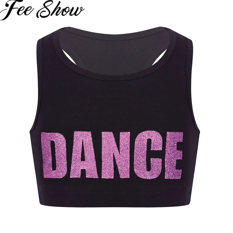 

FEESHOW/футболка для девочек; Танцевальная одежда без рукавов с блестящими буквами; Укороченный топ с принтом; Спортивный бюстгальтер для танцев; Костюм для выступлений на сцене