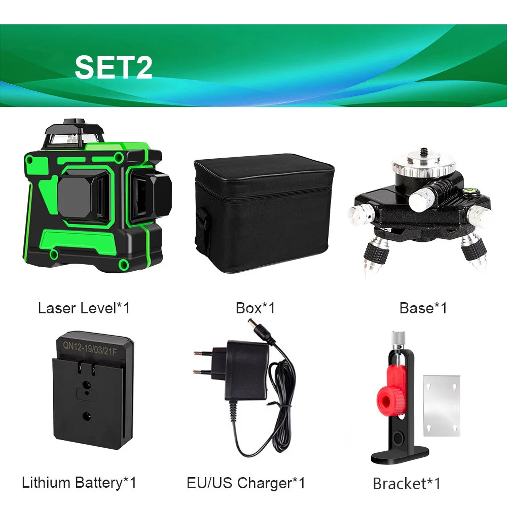 12 линий 3D лазерный уровень с литиевой батареей 360 градусов самонивелирующиеся Горизонтальные и вертикальные поперечные линии зеленый лазерный луч линии - Цвет: SET2 V12L1