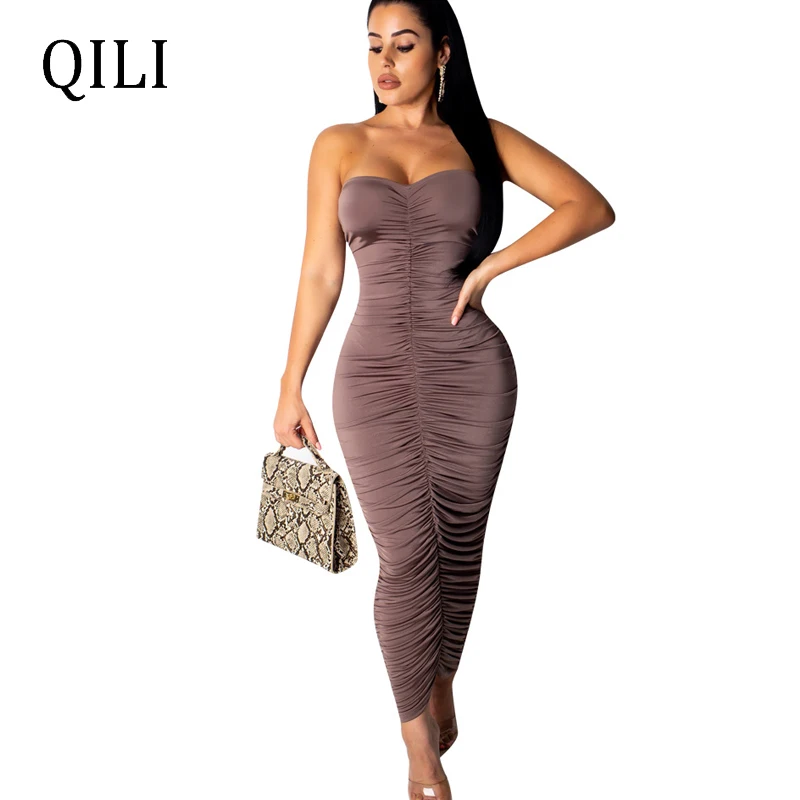 

QILI Women Strapless Dress Sexy Sleeveless Pleated Pencil Dresses Summer Womens Party Club Bodycon Dress Orange Dark Gray