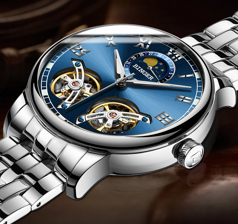 2018 новые мужские часы люксовый бренд Бингер сапфира водостойкий toubillon полный стали Механические часы B-8607M-10