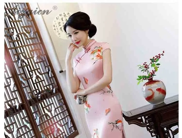 2019 Новый печати Cheongsam подобные шелковые длинные платья Oriental стиль Qipao для женщин китайское традиционное платье винтажное платье Qi Pao