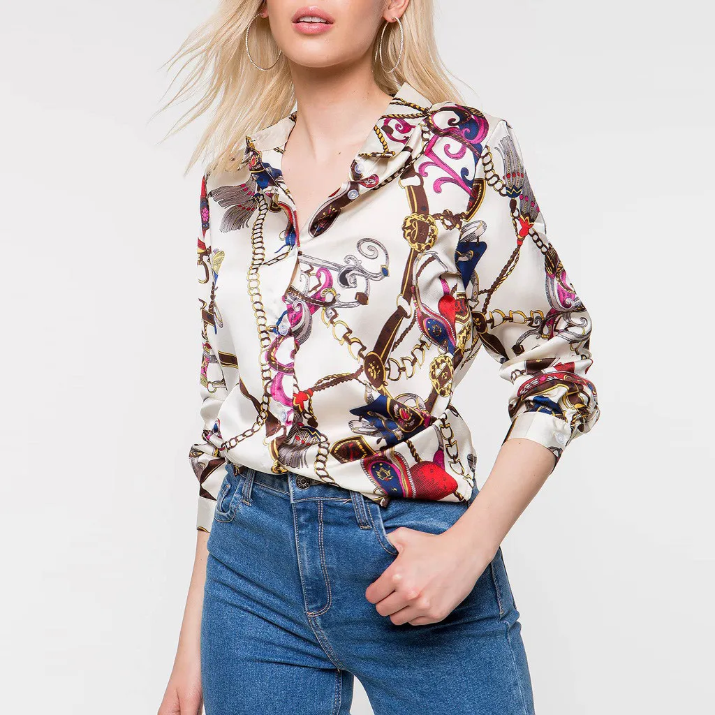 

KANCOOLD top shirt Womens Long Sleeve Chains Print Ladies Casual Shirt Tops V Neck Blouse Tee fashion new shirt women 2018dec17