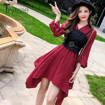 

Trytree Autumn two piece Set Women Casual Vest + Dress Plaid Flare Sleeve Suit Set Women Irregular Hem Office Lady 2 Piece Set