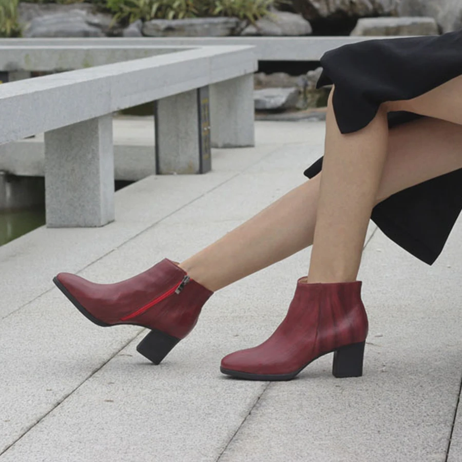 

Women winter boots Natrual Leather Handmade thick heel ZIPPER Ankle Boots Comfortable quality soft brand handmade HEEL BOOTS