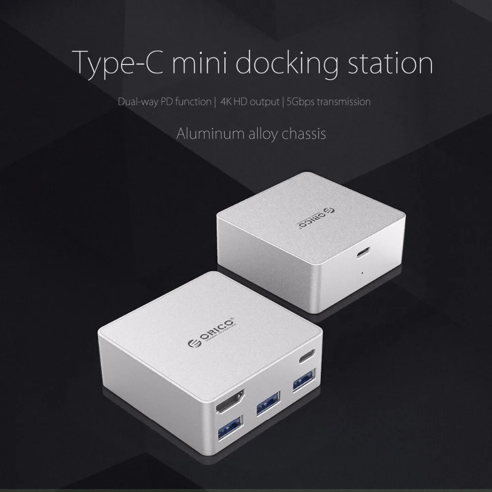 ORICO CDHU3 type-C концентратор USB3.0 HDMI алюминиевая мини-Док-станция PD функция для MacBook Pro-серебро