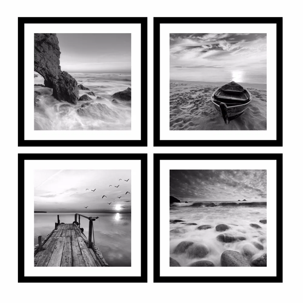 

4 Panels No Frame Canvas Print Seascape Beach And Boat Sunrise Landscape Black And White Giclee Canvas Wall Art Painting