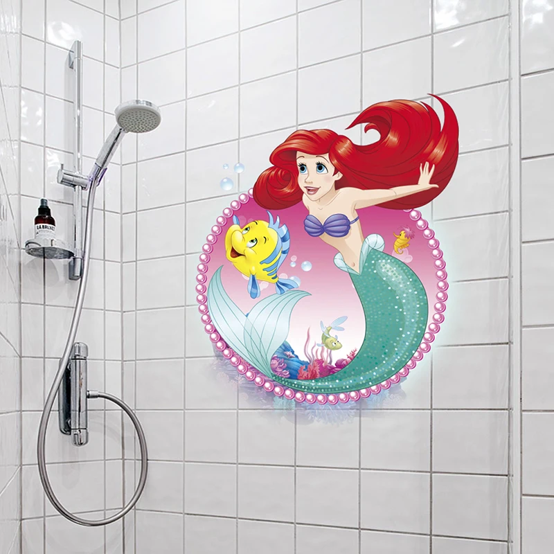 Cartoon Disney Mermaid Ariel Princess Wall Stickers For Girls Room Bathroom Home Decor Waterproof PVC Poster Kids Wall Art Decal