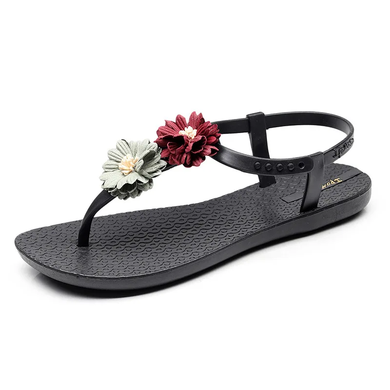 

PADEGAO Flower Fashion Summer Sandals for Women T-Strap PVC Buckle Strap Women Shoes Flat Casual Beach Sandals