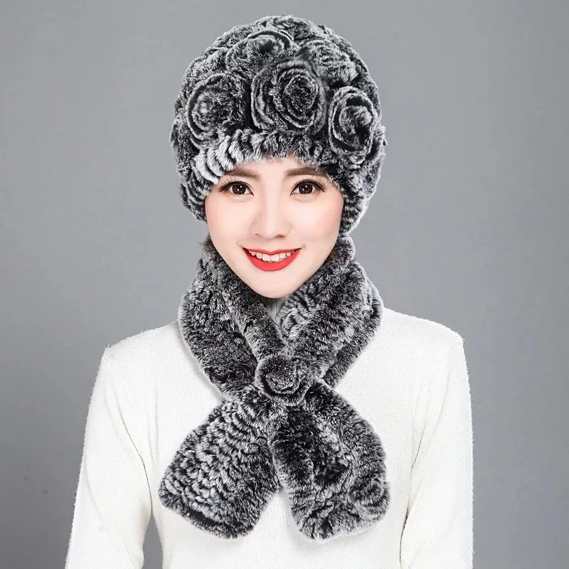 Модная женская меховая шапка, Зимний натуральный настоящий мех кролика, шапка, шарф, набор, высокое качество, для женщин, натуральный мех - Цвет: color 12