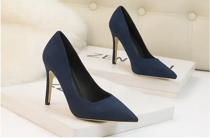 

European and American style simple and fine with high-heeled suede shallow mouth pointed professional OL was thin women's shoes