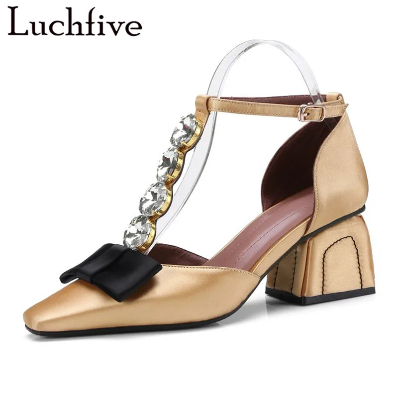 

Spring summer satin silk ladies Pumps middle heels crystal bowties one strap dress shoes women yellow black rhinestone sandals