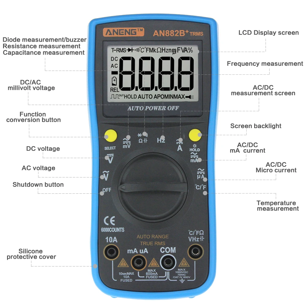 Koop Aneng AN882B + Ture Rms Digitale Multimeter Auto Ncv Ac Dc Auto Lcr Volt Meter Tester Tempratuur Continuïteit Tester