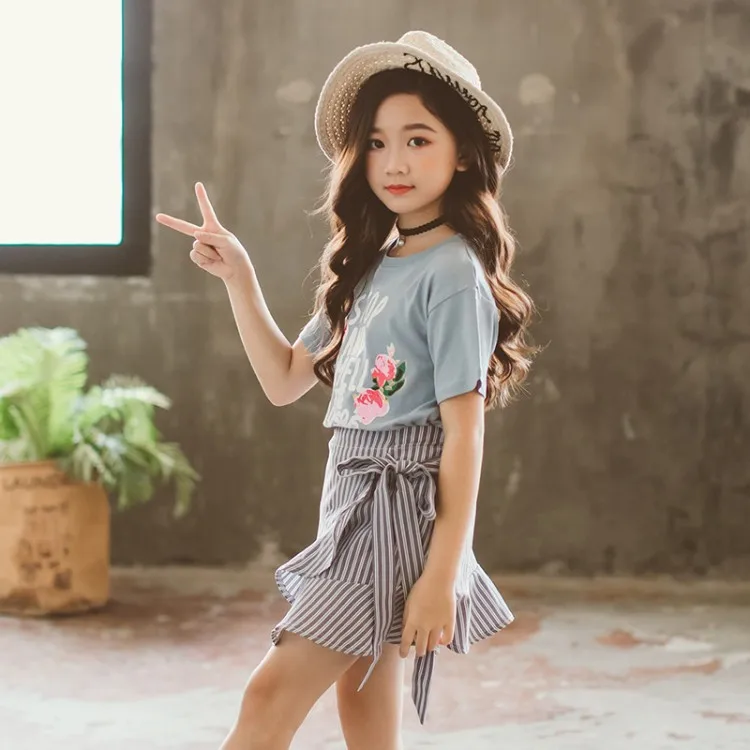 2019 Summer Children Clothing Set For Teenage Girls Fashion Letter Flower Tshirt Ruffles Skirt 2Pcs Kids Clothes Suit 10 12 Year (18)