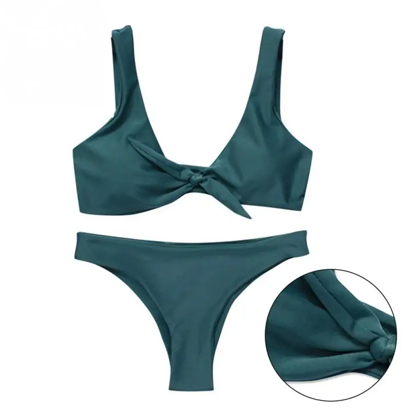 Women Sexy Front Knot Bikini Set Solid Color Summer Bathing Suit Swimwear Beach Wear Swimsuit