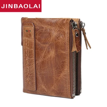 

Best Crazy Horse Genuine Leather Men Wallets Credit Card Holders Double Zipper Cowhide Leather Wallet Purses Carteira Promotion