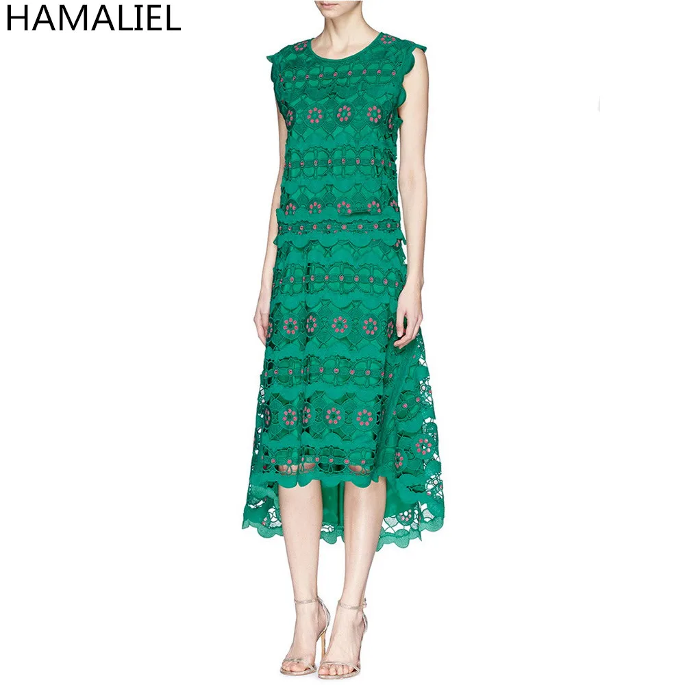 

Summer Women Party Dress 2018 Runway Sleeveless Lace Hollow Out Green Embroidery Lace Slim Elegant O Neck Asymmetrical Dress