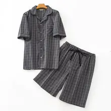 Летние Для Мужчин's Повседневное клетчатая Пижама комплекты Для мужчин рубашка с отложным воротником и половина Штаны мужской хлопковый пижамный комплект Большие размеры XL