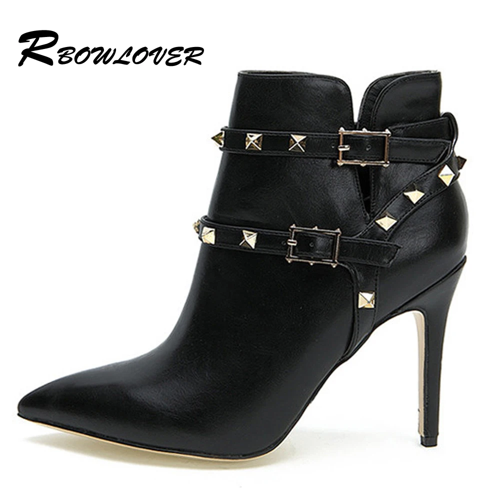 

RBOWLOVER Women Boots Autumn Winter Short Boots Sexy Casual Rivets Pointed Toe Boots Thin High Heels Short Ankle Boots