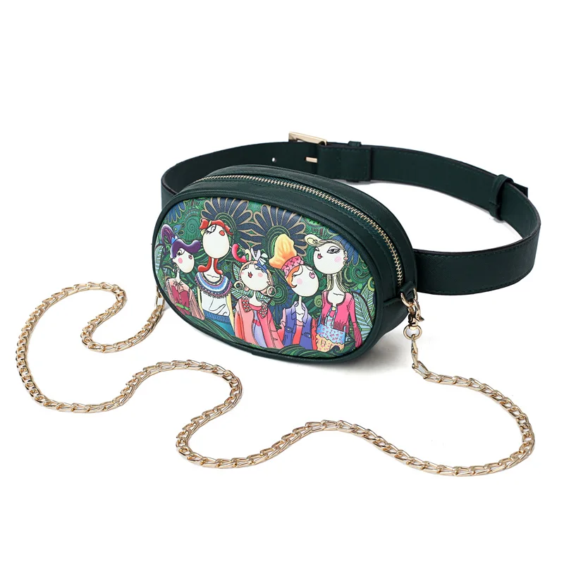LEFTSIDE 2018 جديد بو الجلود السيدات الأخضر الكرتون الخصر أكياس النساء الخصر فاني حزم حزام Crossbody أكياس الصدر سلسلة حقائب
