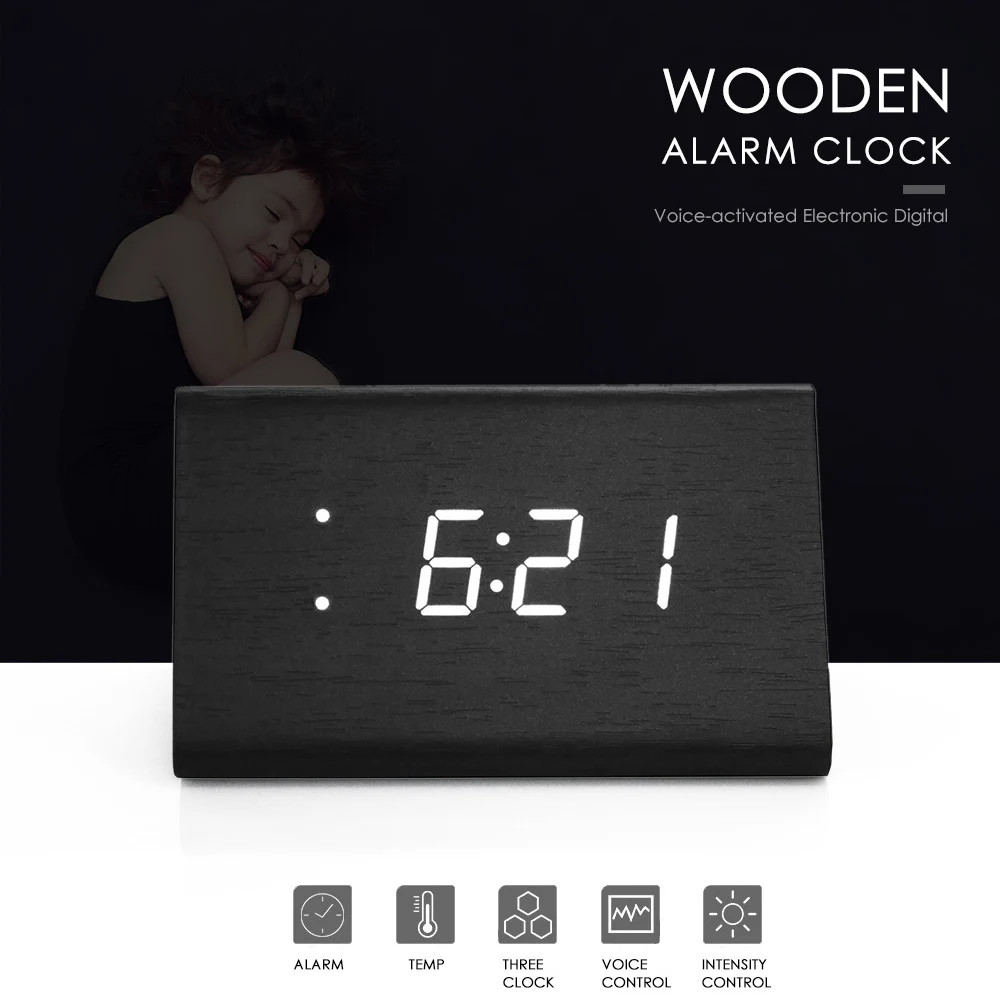 Wooden LED Desktop Clock Alarm Clock Triangle Voice activated