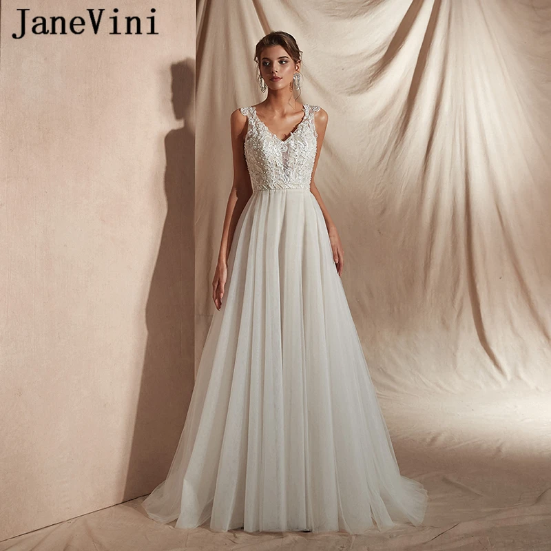 

JaneVini Elegant Long Wedding Dress Tulle V Neck Lace Appliques Pearls Sleeveless Sheer Back Plus Size Bridal Dresses Robe Noiva