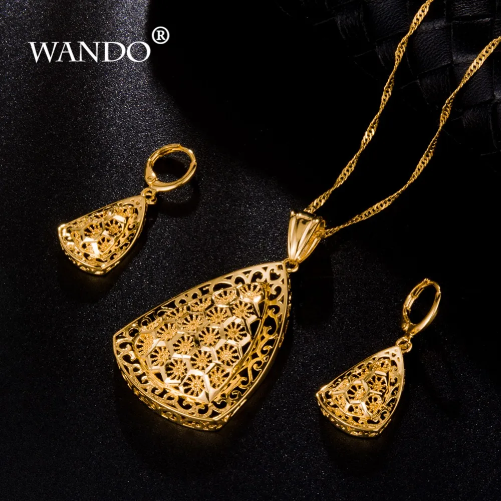 WANDO 24k модное колье золотого цвета женское ожерелье серьги набор золотой Эфиопией ювелирные изделия из нержавеющей стали для женщин WS1
