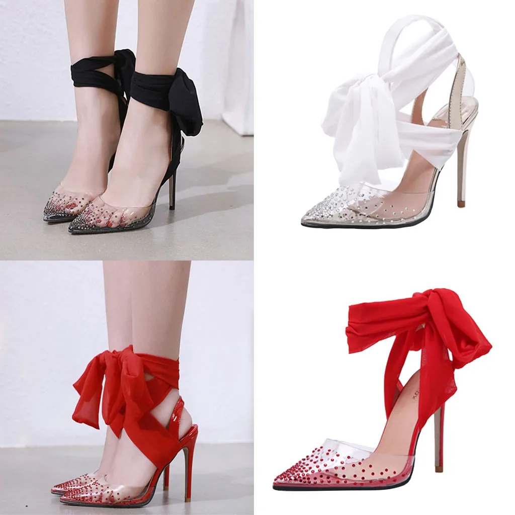 

Women's Summer Casual Solid color Rhinestone Pointed Toe Polka Dot Ribbon Strap Heels Lace-Up Cover Heel party High Heels Shoes