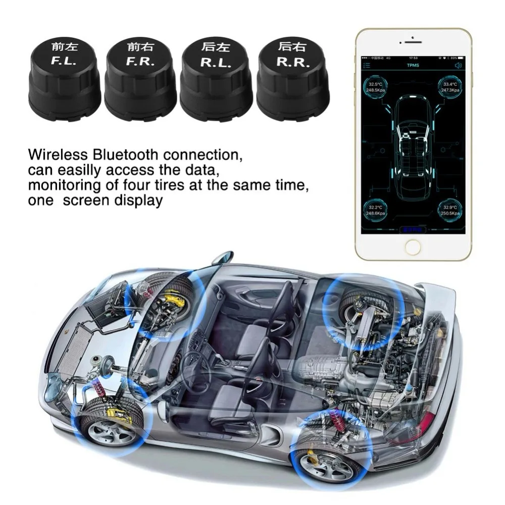 

4pcs Wireless Bluetooth 4 Tire Pressure Monitoring System Intelligent Pure BLE TPMS BT 4.0 External Sensor