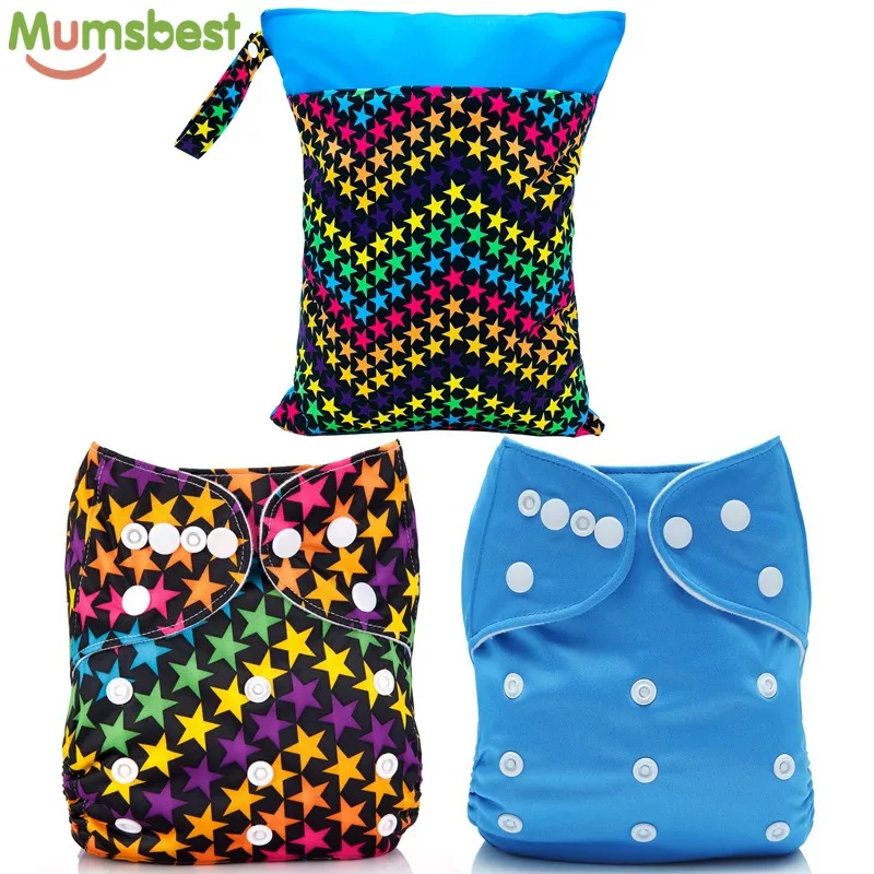 

[Mumsbest] 2Pcs Cloth Diapers With 2 Microfiber Inserts +1PC Diaper bag (Wet Bag) Washable Reusable nappies
