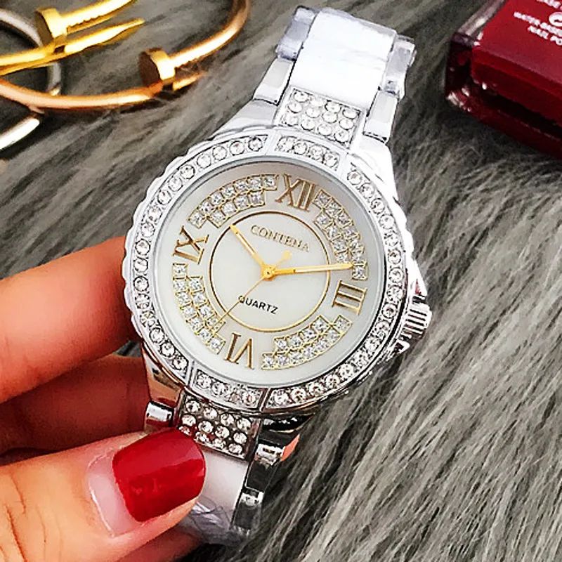 Top Brand Silver Luxury Women Dress Watch Rhinestone Simulated ceramics ...