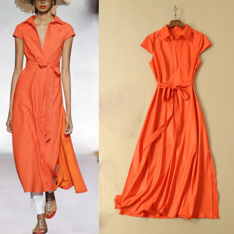 European Style 2019 Summer Runway Clothes Turn Down Collar Short Sleeve Solid Long Dress Empire Sashes Sexy Slit Women Dresses | Женская