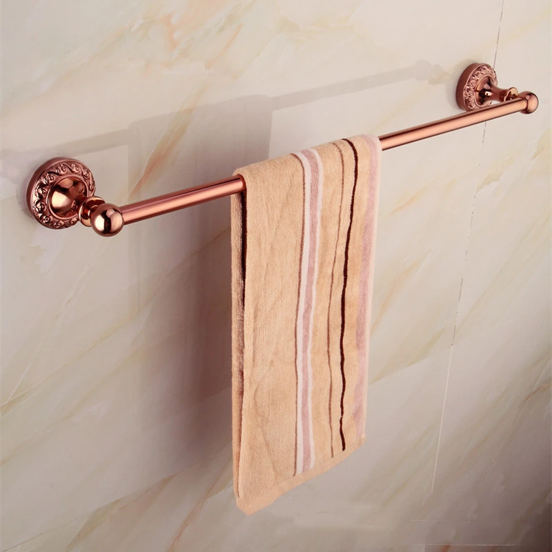 

Rose Gold Bathroom Hardware Accessories Set Carved Robe Hok Toilet Paper Holder 60cm Double Towel Bar Andozing Surface Finishing