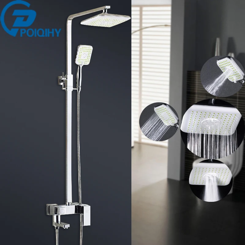 

POIQIHY Shower Faucet Chrome Finish 8" Rain Wall Mount Shower Head Faucet Tub Spout Mixer Tap W/ Hand Shower Sprayer