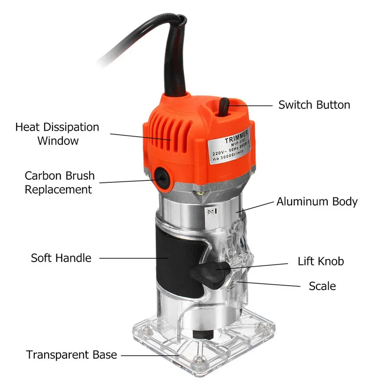Электрический триммер по дереву 220 В 800 Вт 30000 об/мин Цанга 6,35 мм штепсельная вилка стандарта Австралии Проводные ламинаторы фрезерные станки столярные алюминиевые электроинструменты