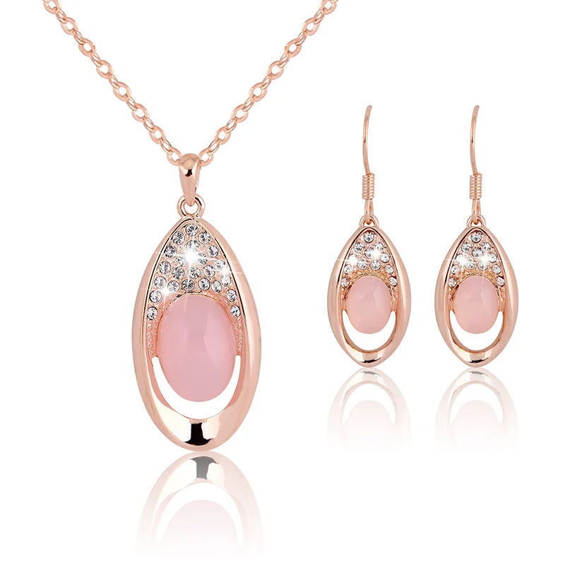 Luxury Wedding Opal Jewelry Sets For Women Rose Gold Color Austrian