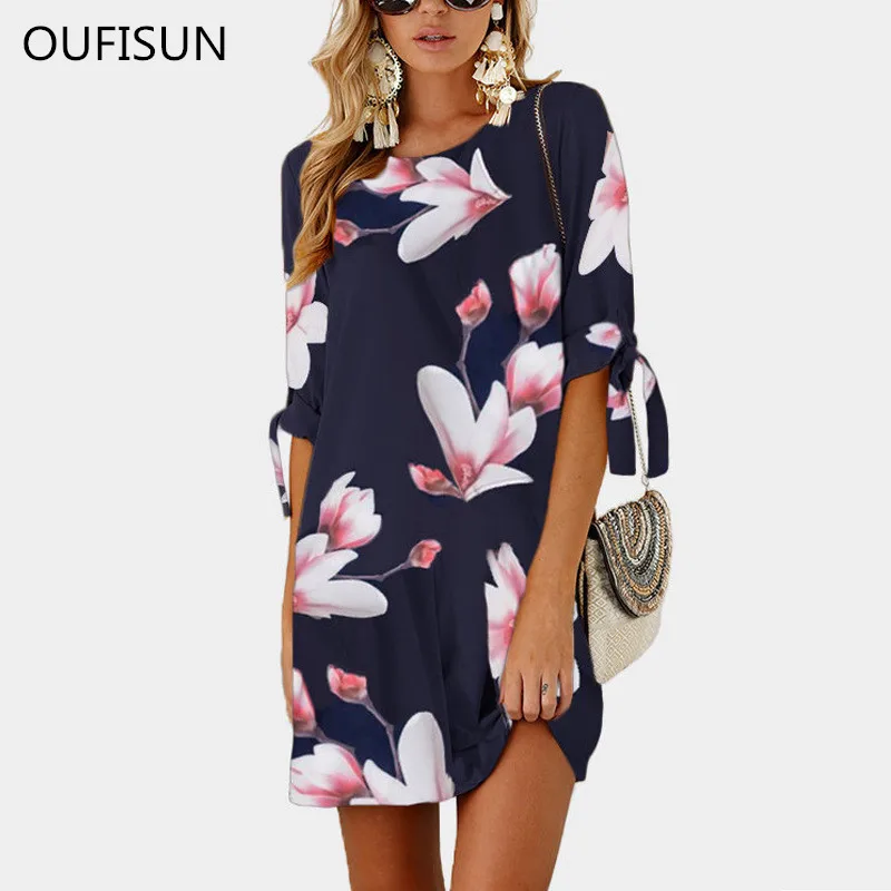

2019 Summer Boho Women Dress Casual Floral Print Chiffon Dress Half Sleeve Beach Loose Dress Plus Size 5xl Vestidos De Festa