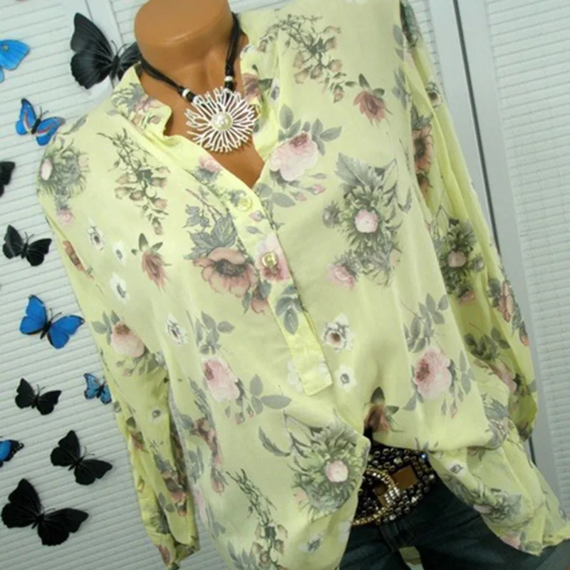 Осенние Топы для женщин 2019 Повседневная желтая блузка с v-образным вырезом и пуговицами женский топ и блузки женская блузка с длинными