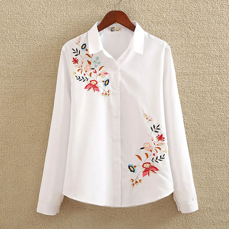 Ih, женская блузка с длинным рукавом и цветочной вышивкой, белая, элегантная, с отложным воротником, для офиса, для леди, Повседневная Блузка, весна, топ