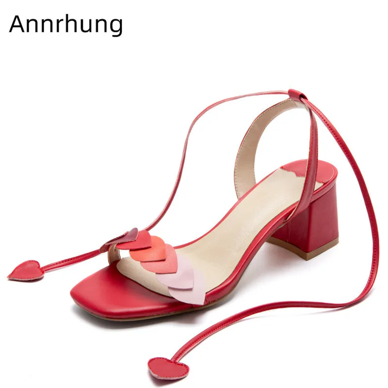

Sweet Gradient Color Heart One-Strap Women Sandals Lace up Square Heel Summer Shoes Woman Leather Gladiator Sandalias Mujer 2019