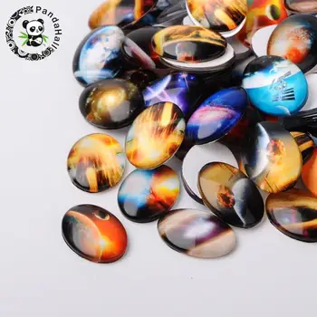 

Starry Sky Printed Glass Oval Cabochons, Mixed Color, 25x18x6mm