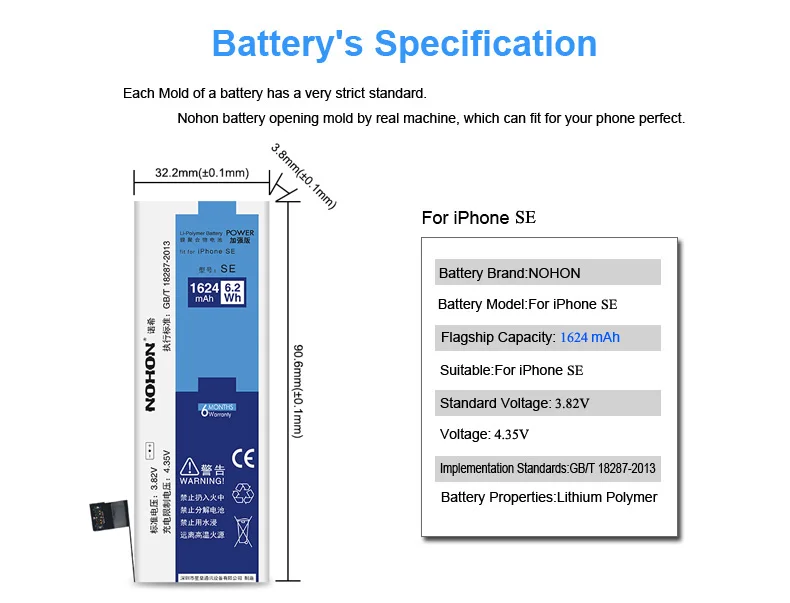 Аккумулятор NOHON для мобильного телефона iPhone SE, высокая емкость, 1624 мА/ч, бесплатный ремонт станков, розничная посылка