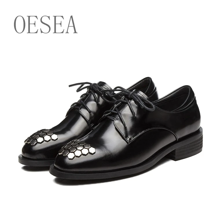 

34-39 HOT New shoes black 2019 spring fashion casual rivet square heel comfortable lace-up women's single shoes