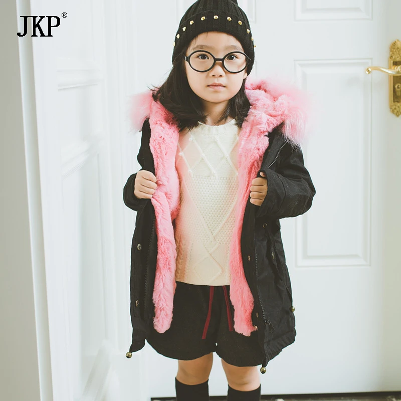 

JKP 2018 last Children's clothing jacket Rabbit Fur Outerwear boys and girls baby fur Big real raccoon collar kids Parkas CT-17