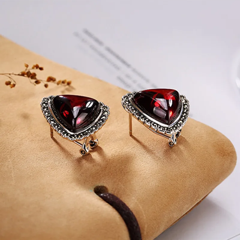 

NOT FAKE S925 Fine Jewelry Ruby Stud Earrings Unique Triangle Vintage Tibet Natural Carnelian Retro Ruby red jasper